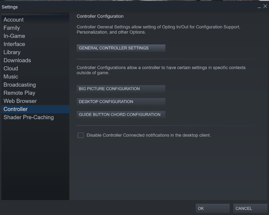 The Settings menu in the Steam Client, with the Controller tab open and highlighted.