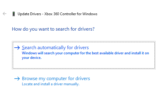 The window shown when you select to Update Driver from the Device Manager window. The text in this window says: How do you want to search for drivers? Search automatically for drivers or Browse my computer for drivers.