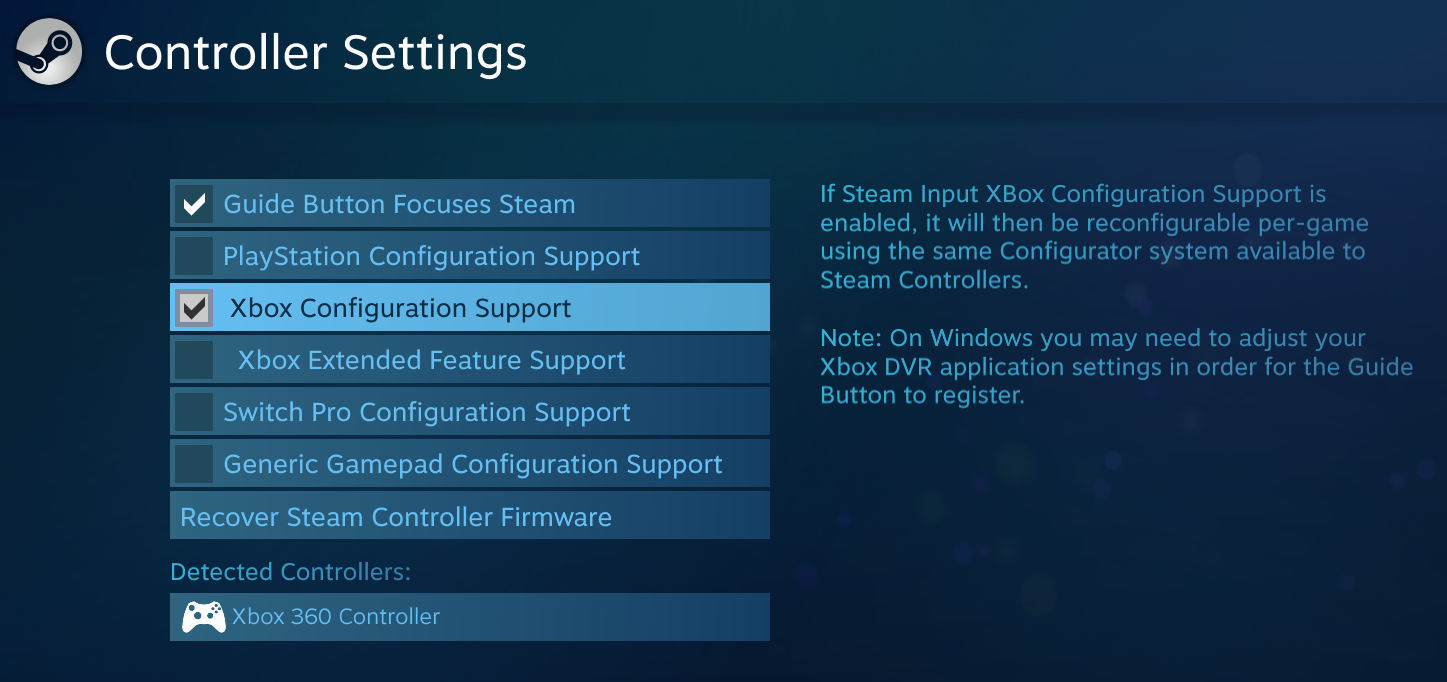 The Controler Settings menu open in the Steam client, with the Xbox Configuration Support option highlighted and checked.
