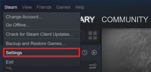 An image of the Steam client’s menu system, with the Steam drop down menu open and the Settings buttong highlighted.