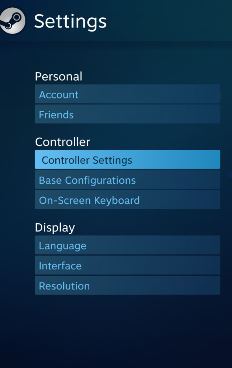 SteamのBig Picture モードの設定メニュー。「コントローラ設定」が選択されている状態。